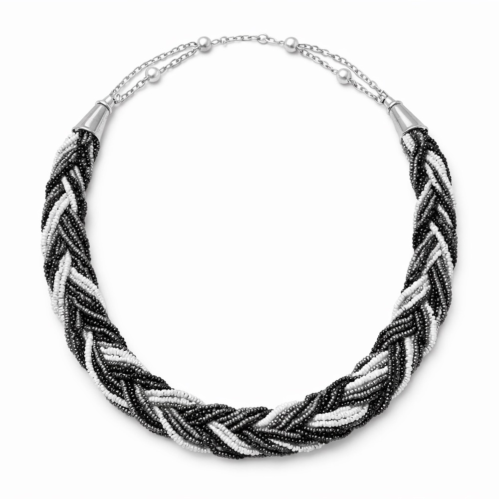 Black White Silver Gray Braided Seed Bead Statement Necklace Bracelet Set Cones - Picture 7 of 12
